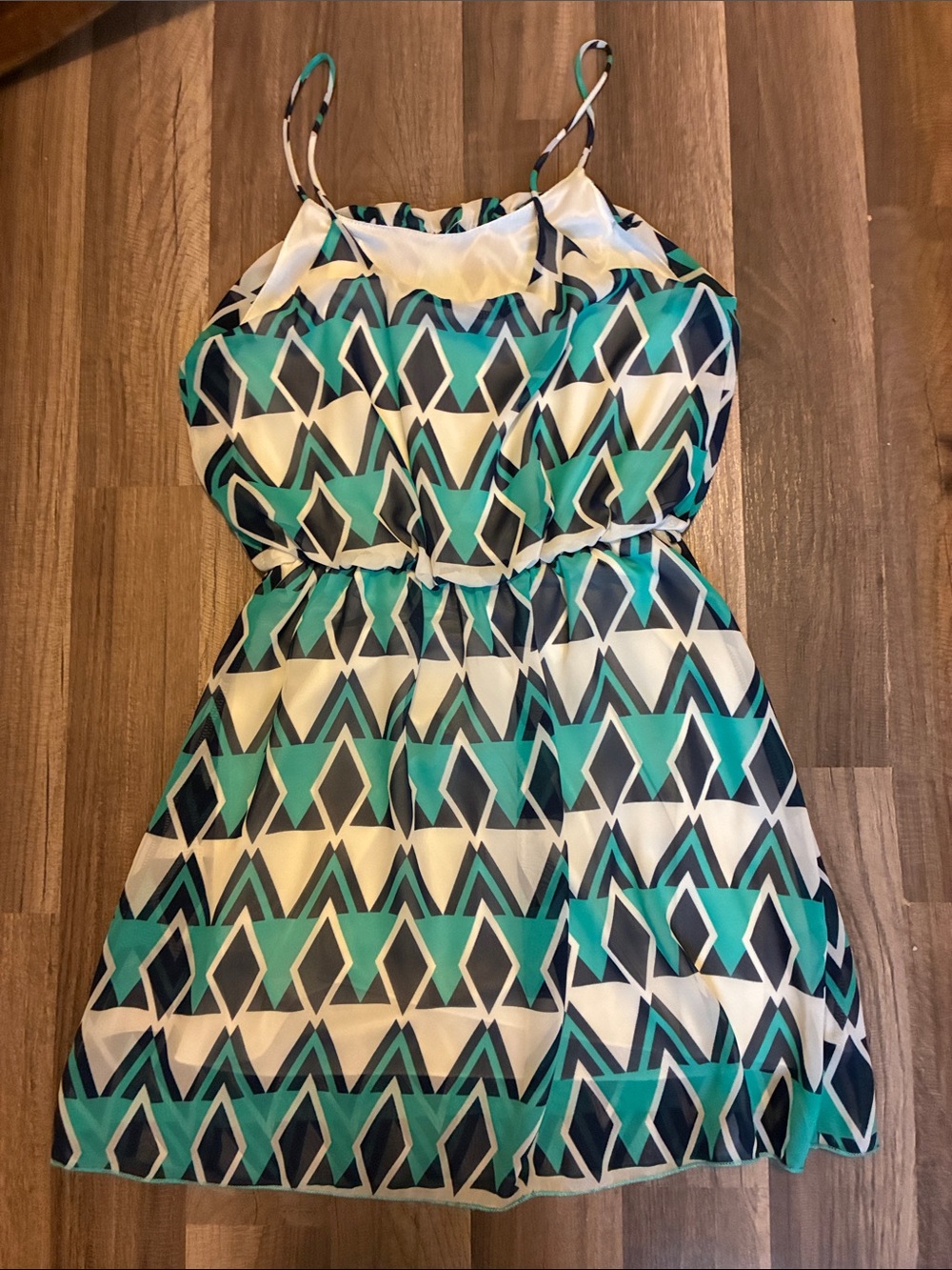 Vintage -Final Touch- Chiffon Mini Dress W/Navy & Aqua Geo Pattern- Made In USA - Picture 4 of 11